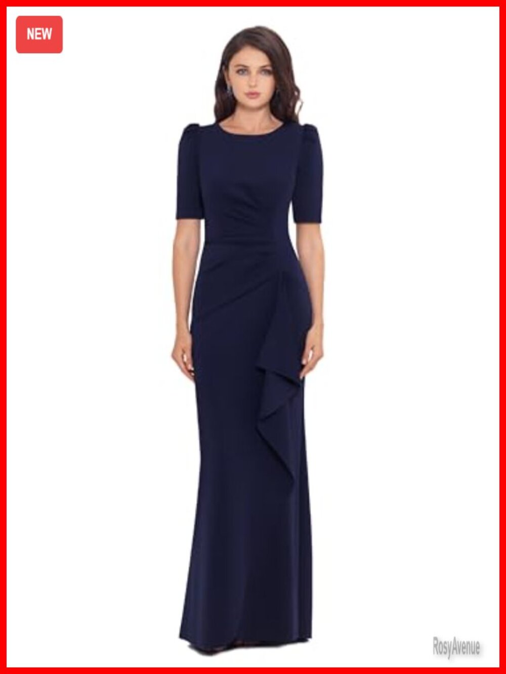 Formal Bodycon Evening Gown with 3/4 Sleeves, Side Ruching, and Cascading Ruffle